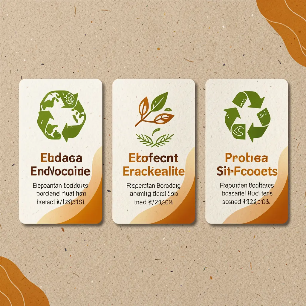 Three product cards displayed side by side with eco-friendly icons and warm accents